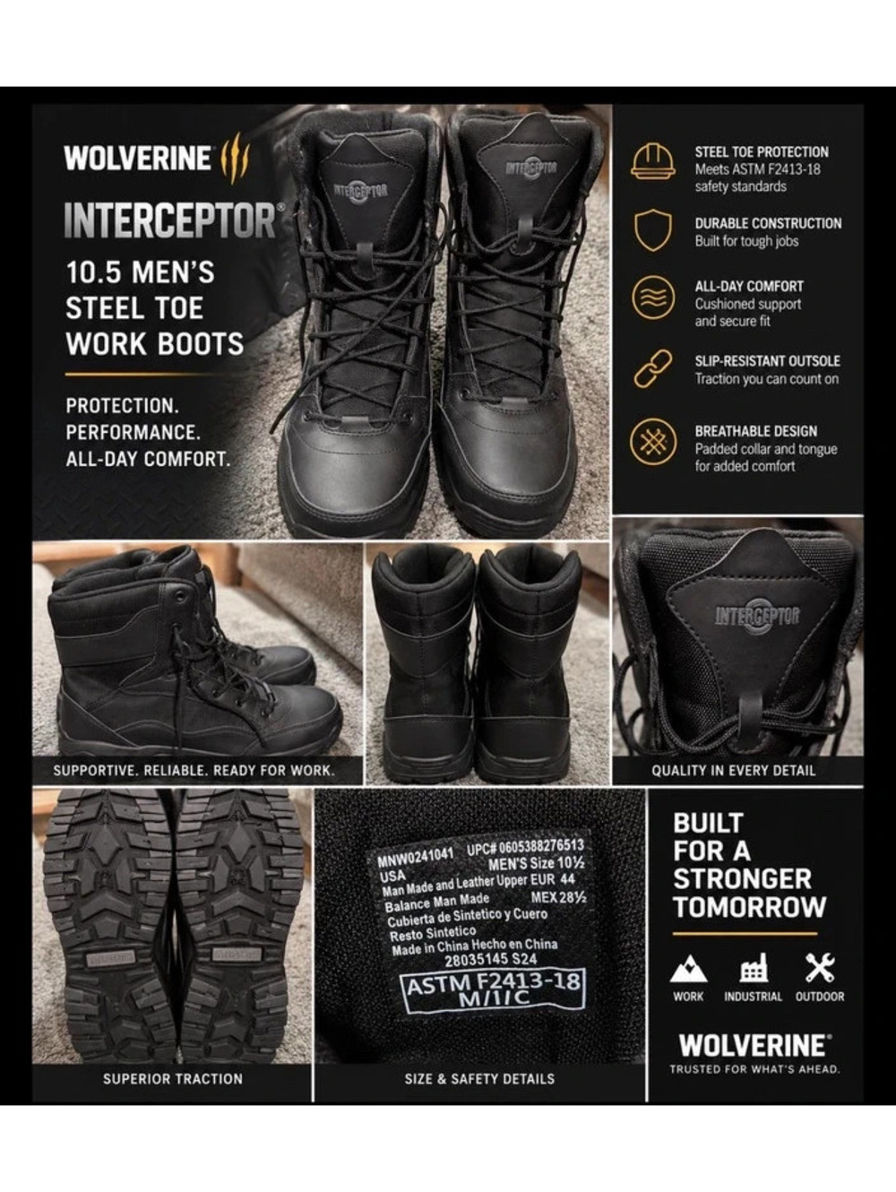 Interceptor Men’s 10.5 Black Steel Toe Tactical Work Boots ASTM F2413 New